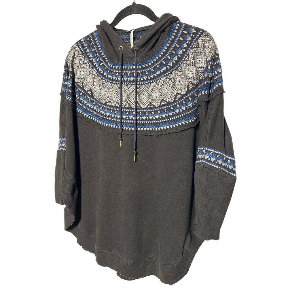 Free People Fair Isle Embroidered Hoodie Black Blue Gray Women's Size XS